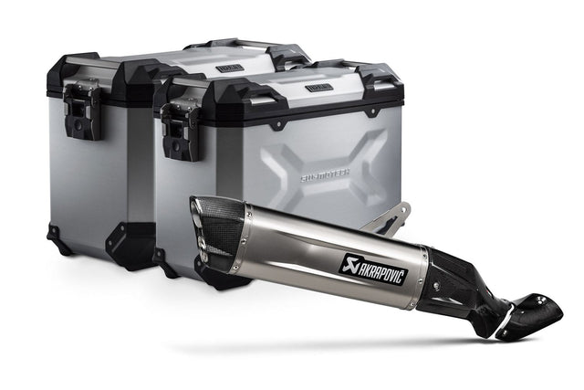 TRAX ADV aluminum case system + Akrapovic Silver. 45/37 l. Kawasaki KLE500/KLE500 SE (26-). - SW-Motech UK