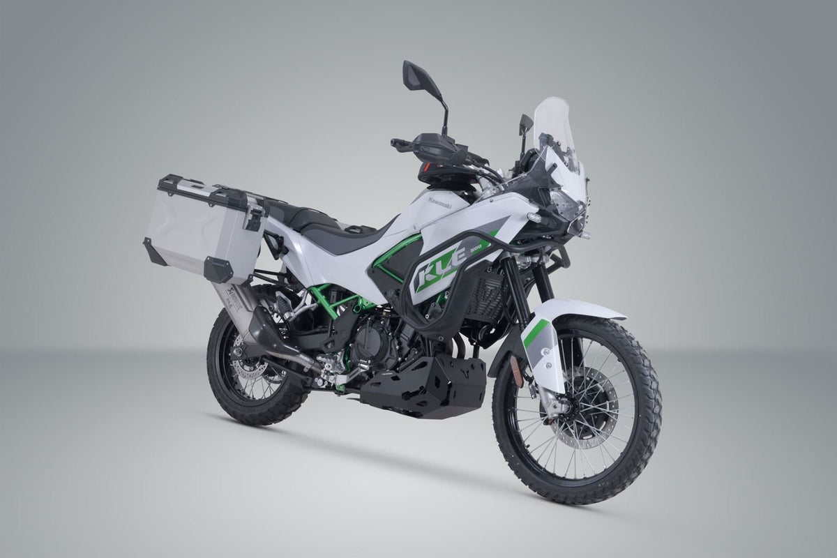 TRAX ADV aluminum case system + Akrapovic Silver. 45/37 l. Kawasaki KLE500/KLE500 SE (26-). - SW-Motech UK